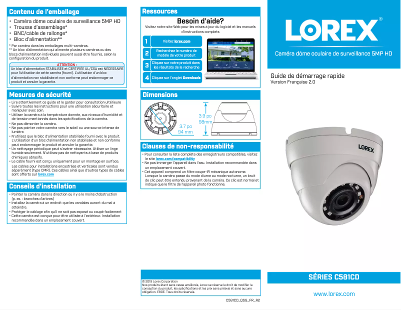 Page n°1 - Guide de démarrage rapide Lorex C581CD