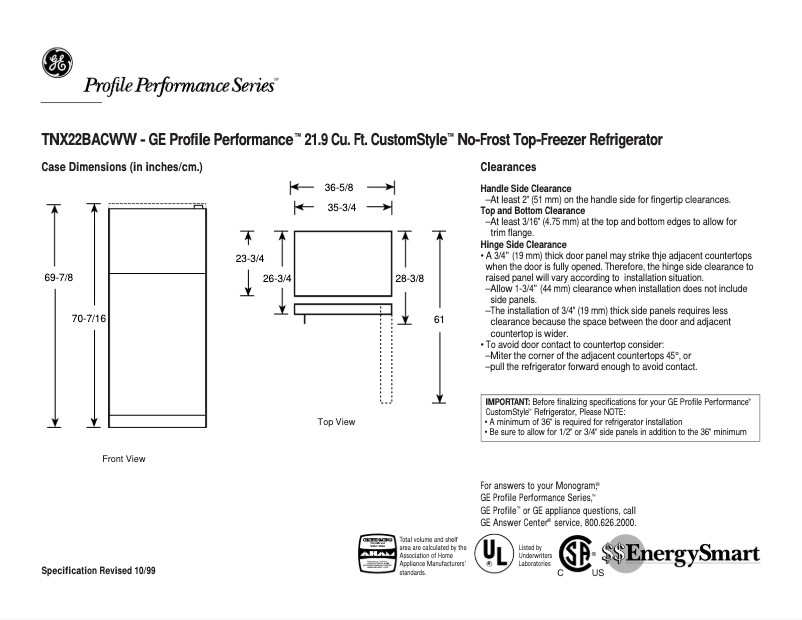 Página 1 del manual Ficha técnica GE Profile Performance TNX22BACRWW