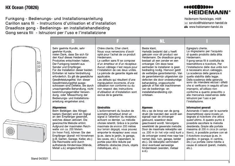 Page 1 de la notice Manuel utilisateur Heidemann HX Ocean 70826