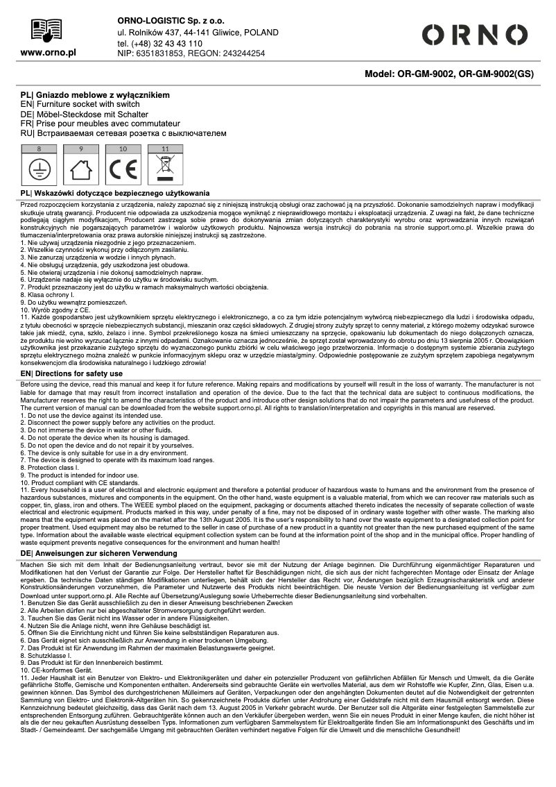 Page 1 de la notice Manuel utilisateur ORNO OR-GM-9002