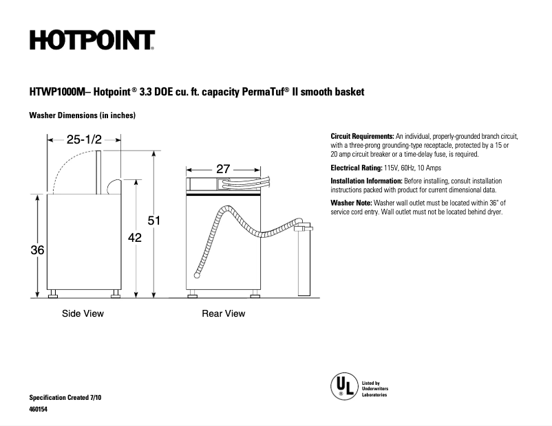 Page 1 de la notice Fiche technique Hotpoint HTWP1000MWW