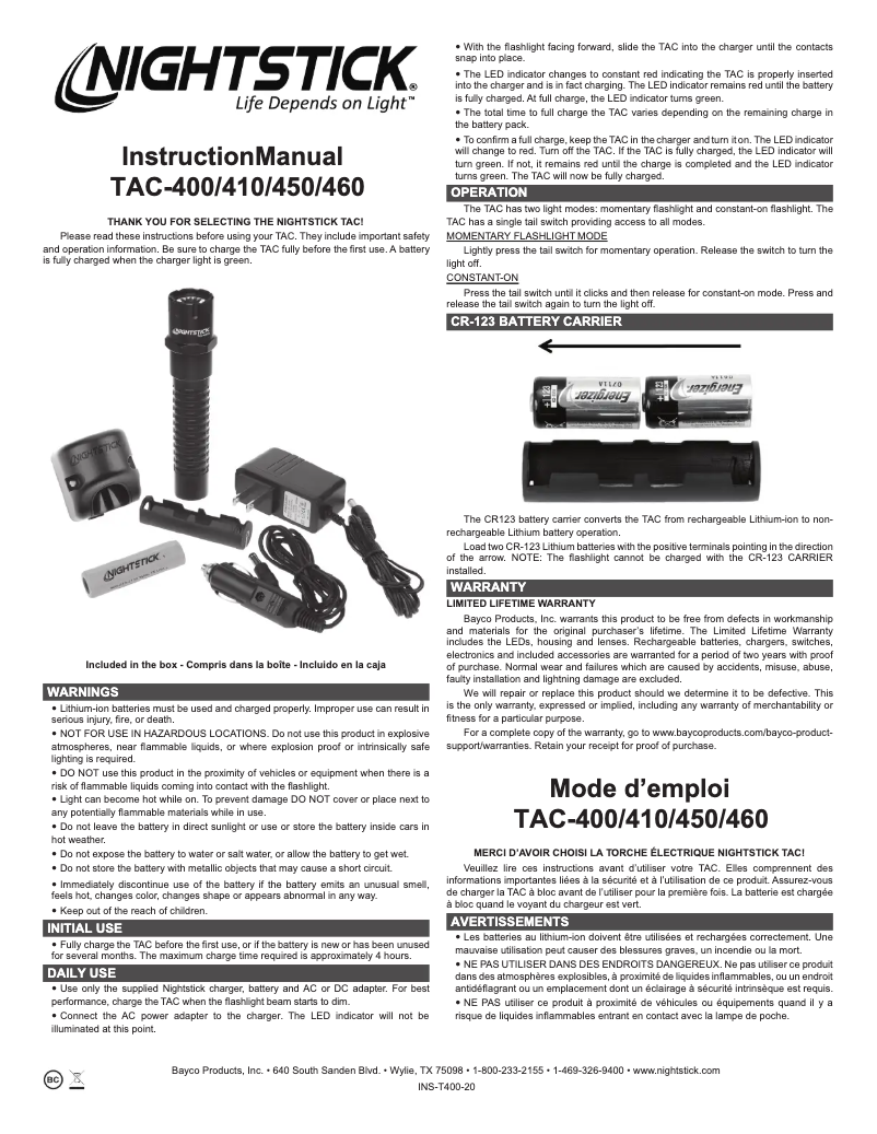 Page 1 de la notice Manuel utilisateur NightStick TAC-660XL
