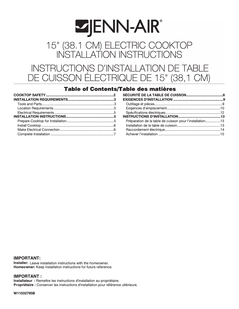 Page n°1 - Guide d'installation JennAir JEF3115GS