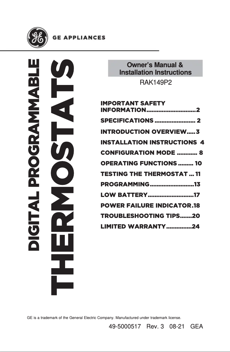 Page 1 de la notice Manuel utilisateur GE RAK149P2