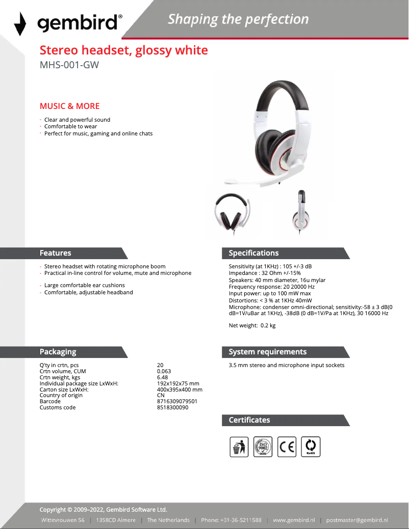 Page 1 de la notice Manuel utilisateur Gembird MHS-001-GW