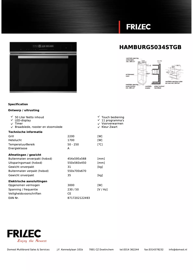 Page 1 de la notice Fiche technique Frilec HAMBURG5034STGB
