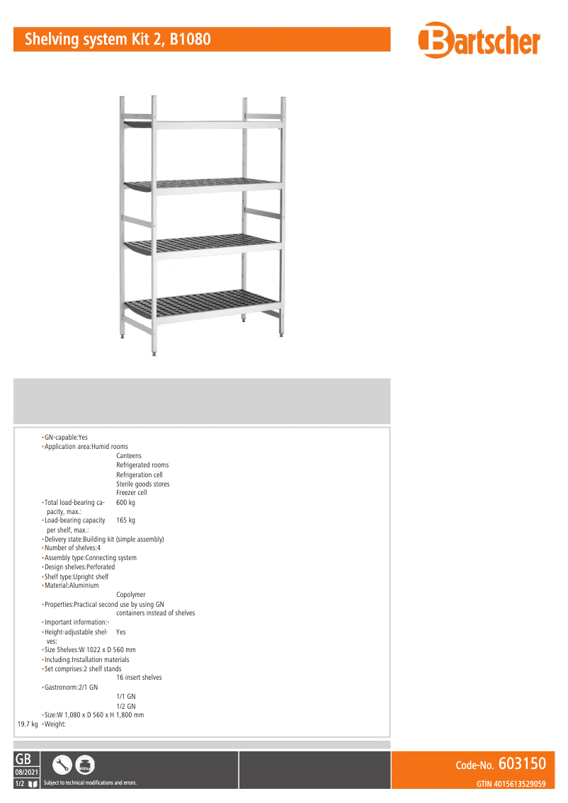 Page 1 de la notice Manuel utilisateur Bartscher 603150