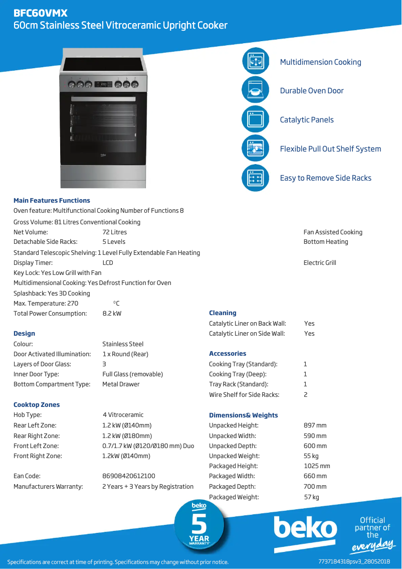 Page 1 de la notice Fiche technique Beko BFC60VMX