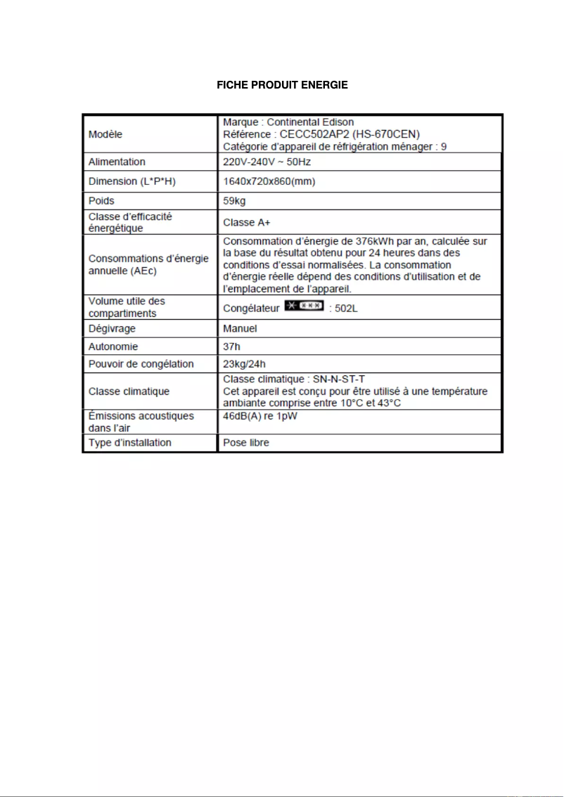 Page 1 de la notice Label énergétique Continental Edison CECC502AP