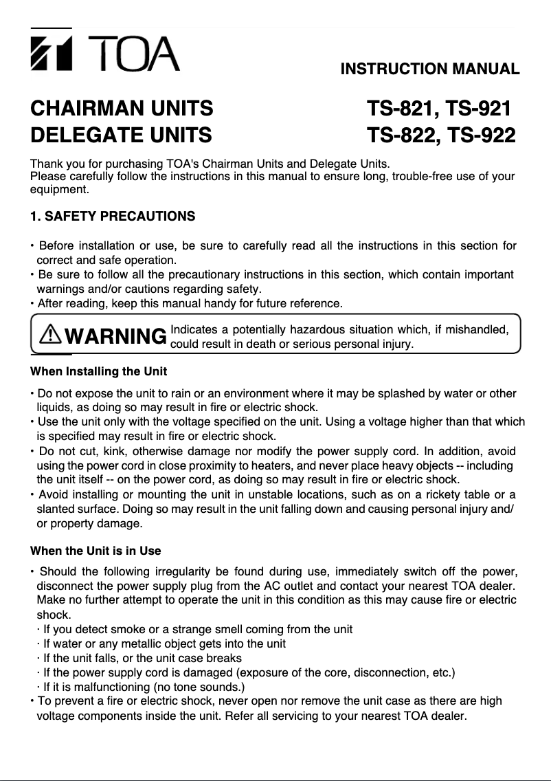 Page 1 de la notice Manuel utilisateur TOA TS-922