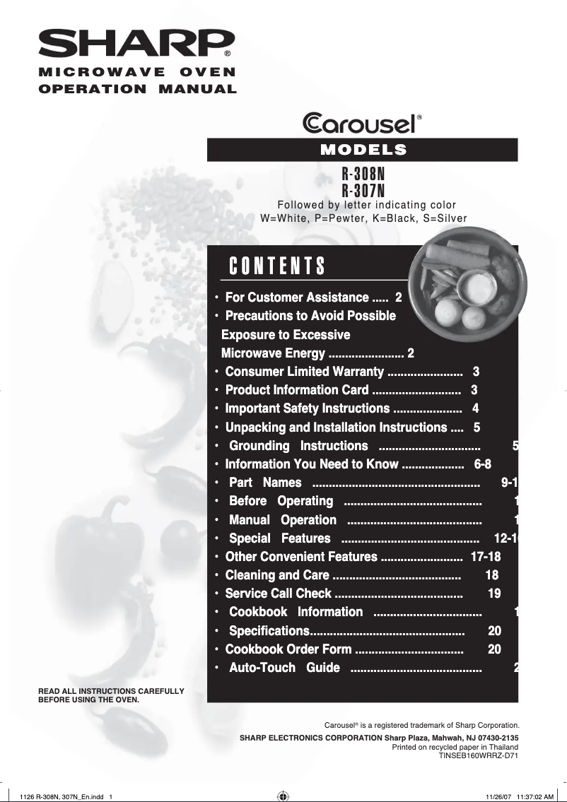 Page n°1 - Manuel utilisateur Sharp R-307NW
