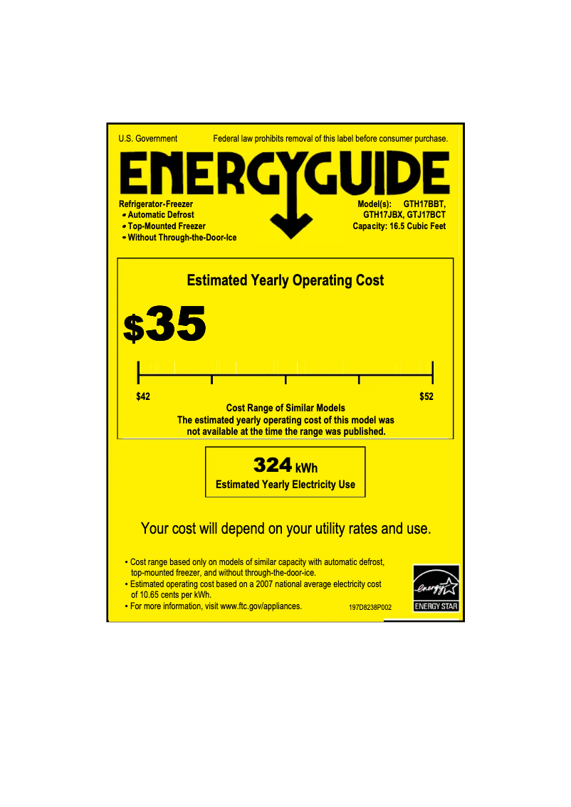 Page 1 of the manual Energy Label GE GTH17BBTRBB