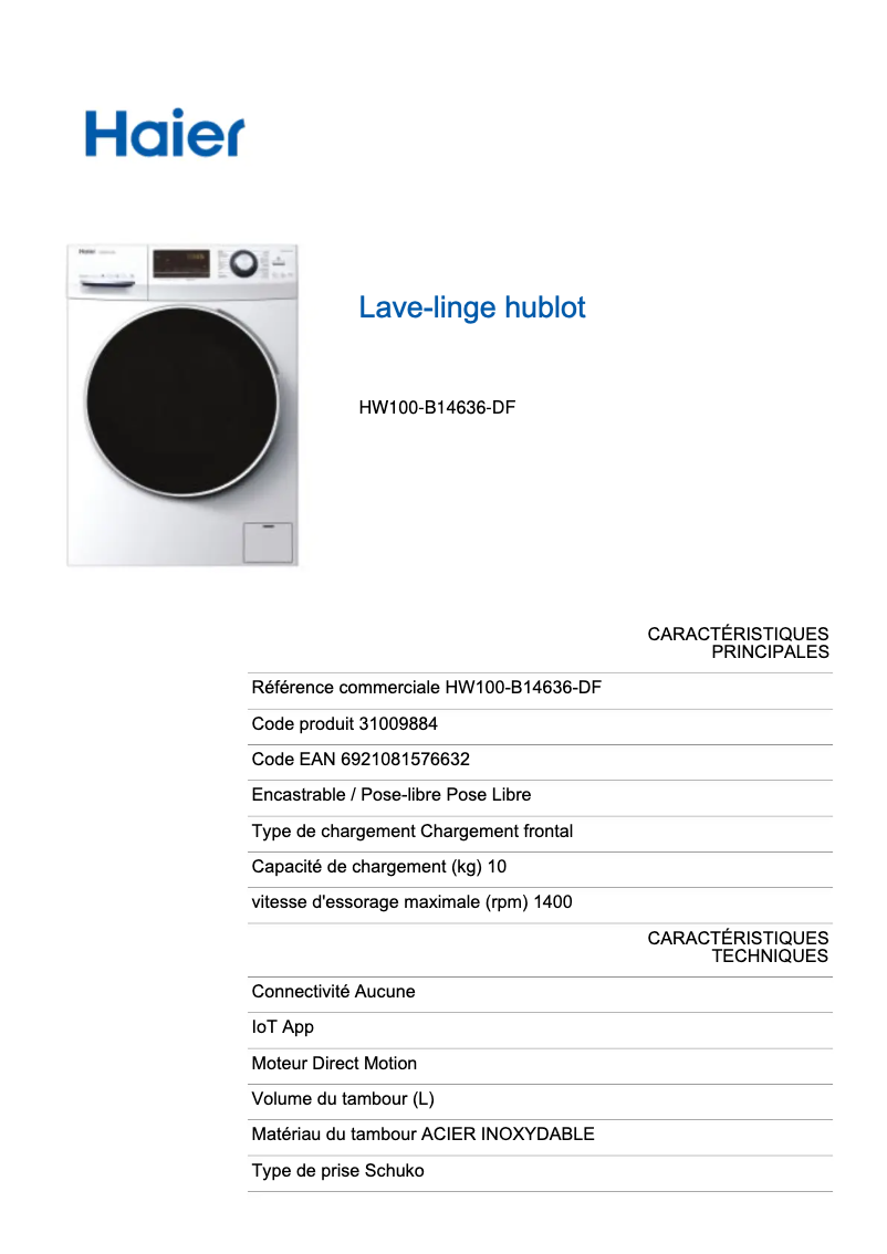 Page 1 de la notice Fiche technique Haier HW100-B14636