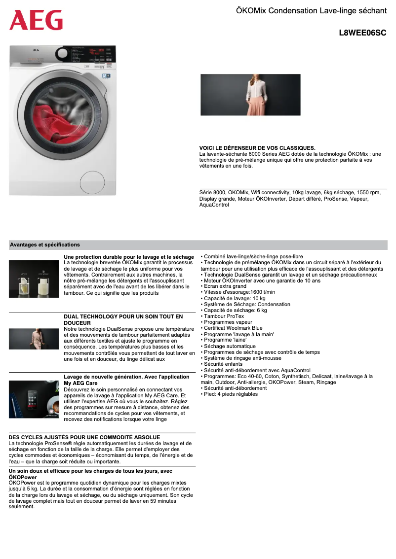 Page 1 de la notice Fiche technique AEG L8WEE06SC