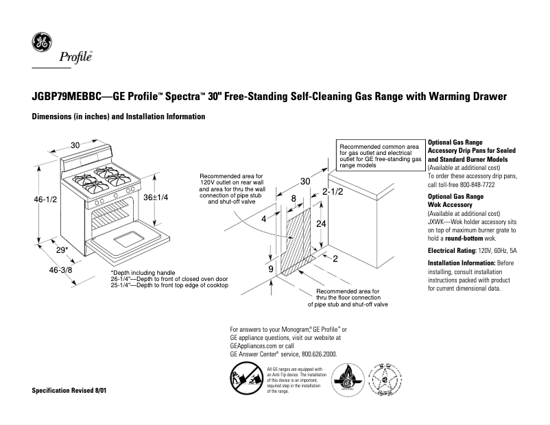 Page 1 de la notice Fiche technique GE Profile Spectra JGBP79MEBBC