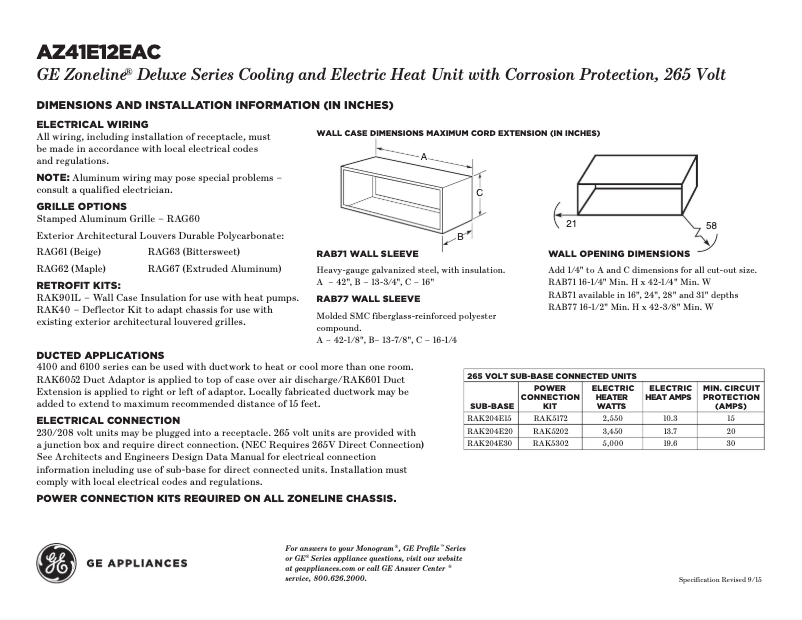 Page 1 de la notice Fiche technique GE AZ41E12EAC Zoneline
