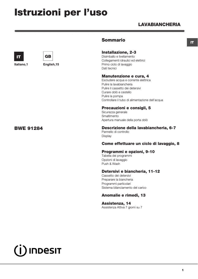 Image de la première page du manuel de l'appareil BWE 91284X WSSS IT