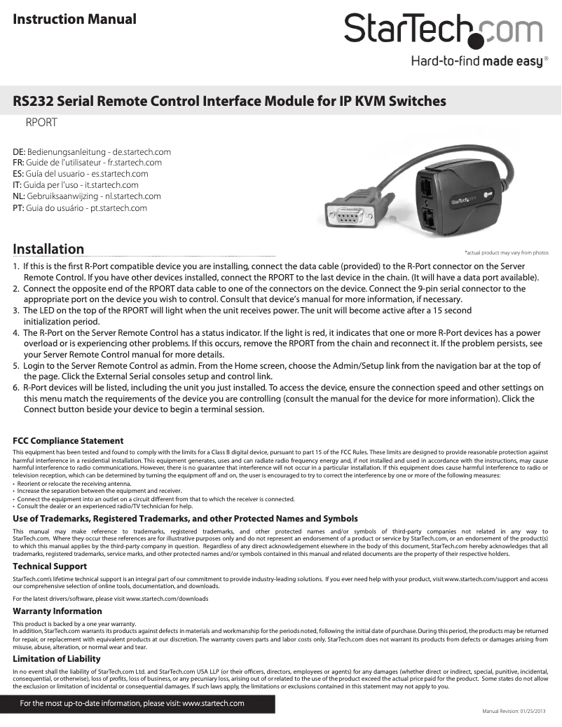 Page 1 de la notice Manuel utilisateur StarTech.com RPORT
