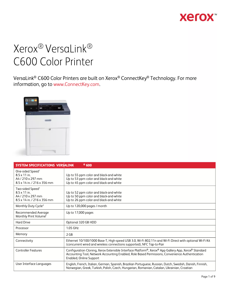 Page 1 de la notice Fiche technique Xerox VersaLink C600