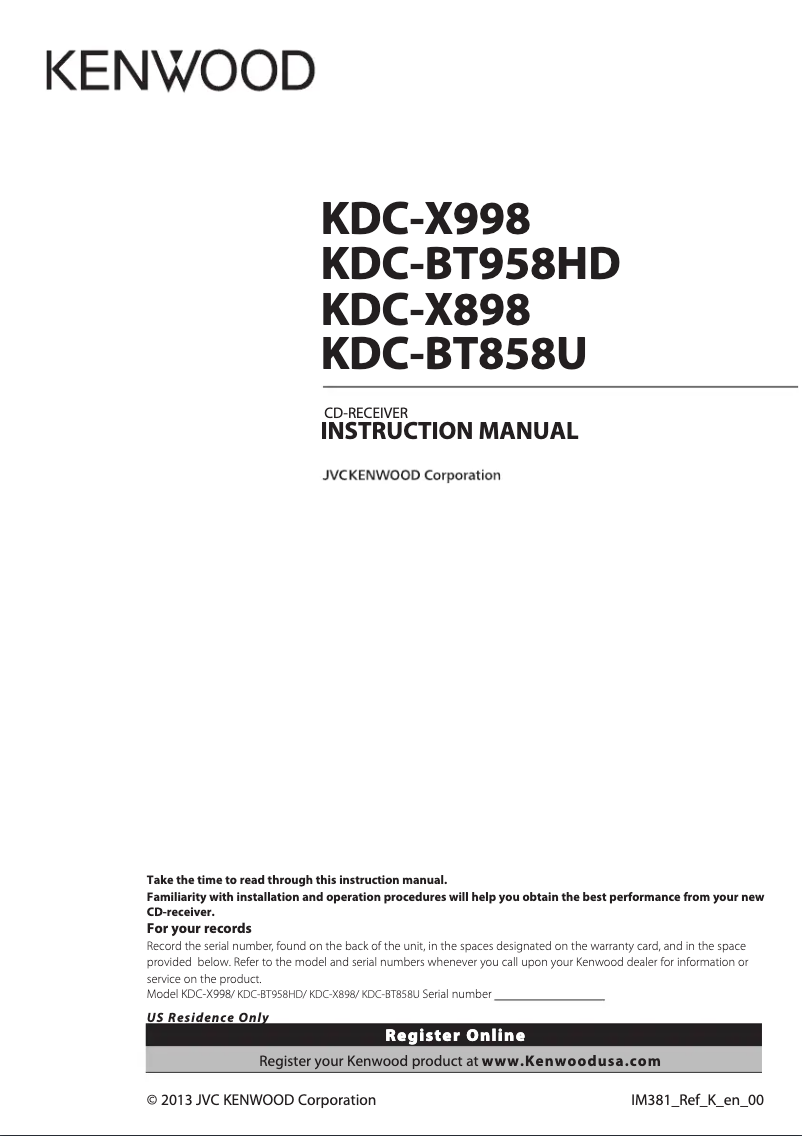 Page n°1 - Manuel utilisateur Kenwood KDC-BT9558HD