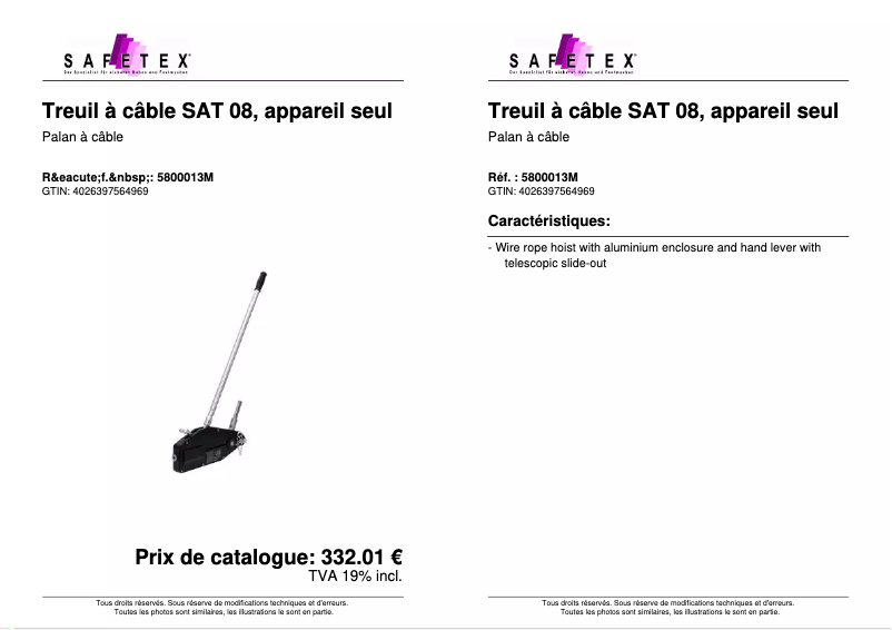 Page 1 de la notice Fiche technique Safetex SAT 08