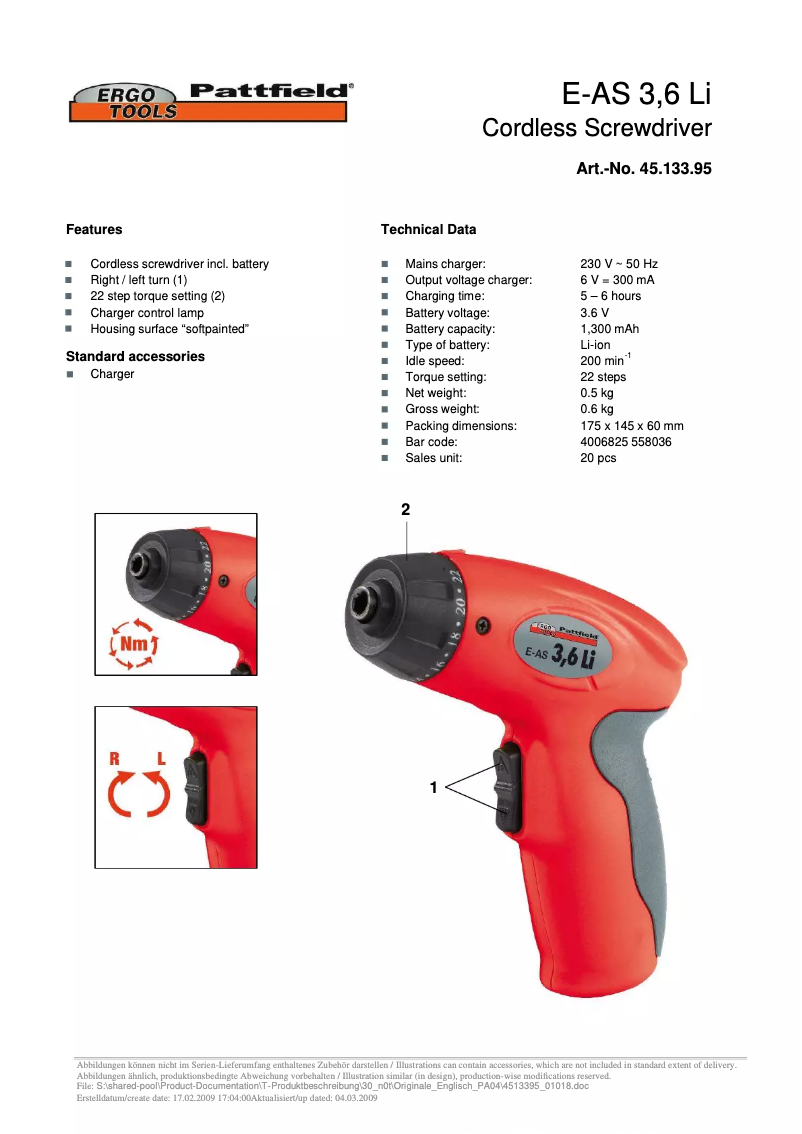 Page 1 de la notice Manuel utilisateur Ergotools Pattfield E-AS  3,6 Li