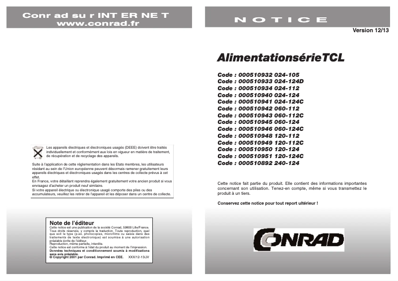 Page 1 de la notice Manuel utilisateur Traco Power TCL 060-112