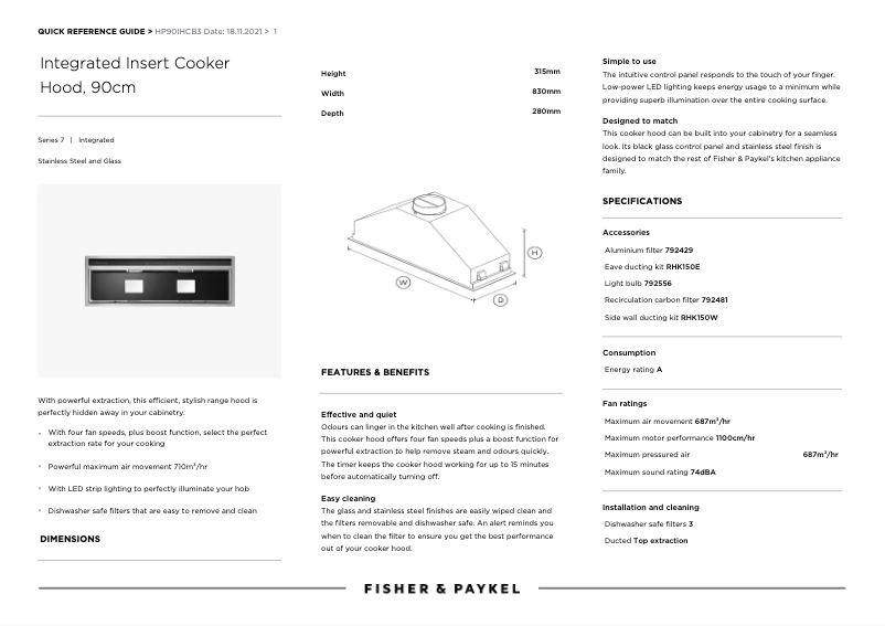 Page 1 de la notice Manuel utilisateur Fisher & Paykel HP90IHCB3
