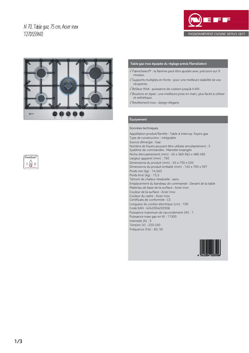 Page 1 de la notice Fiche technique Neff T27DS59N0