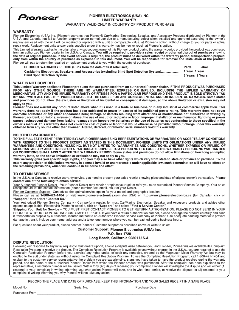 Page n°1 - Informations de garantie Pioneer DMH-241EX