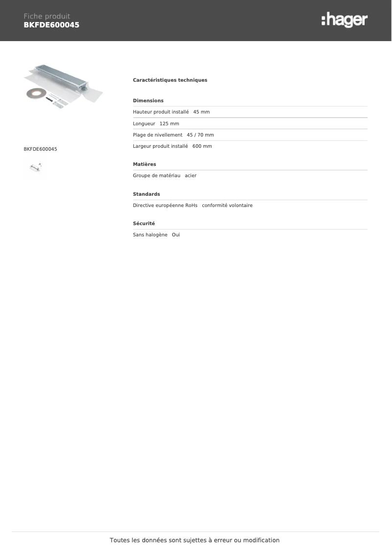 Página 1 del manual Ficha técnica Hager BKFDE600045