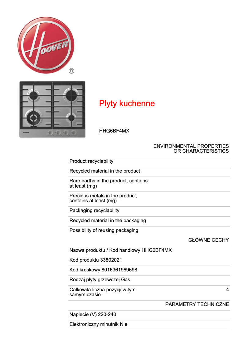 Page n°1 - Fiche technique Hoover HHG6BF4MX