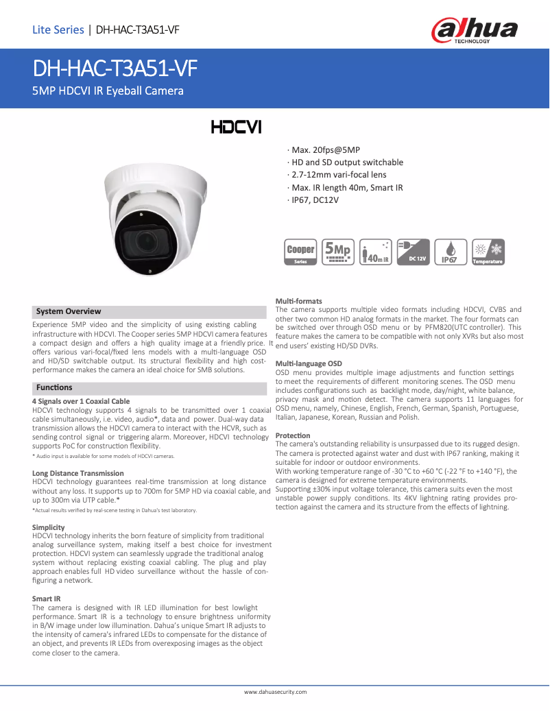Page 1 de la notice Fiche technique Dahua Technology HAC-T3A51-VF
