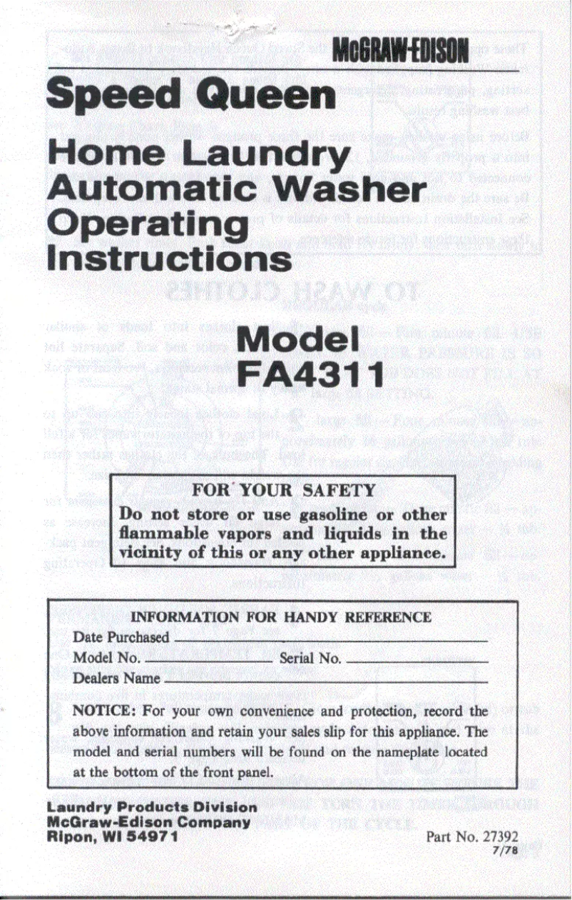 Page n°1 - Manuel utilisateur Speed Queen FA4311