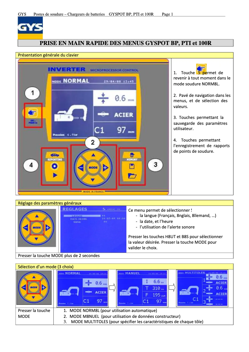 Page 1 de la notice Guide de démarrage rapide GYS Gyspot Inverter BP. LX