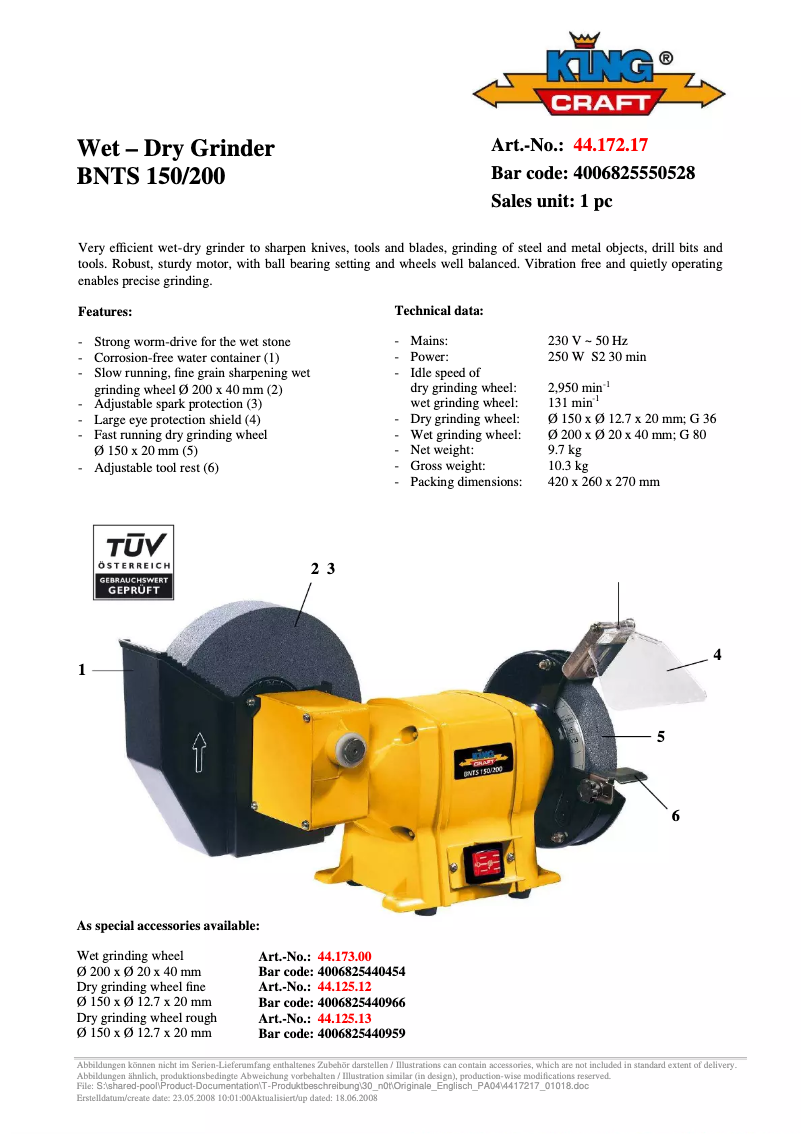 Página 1 del manual Ficha técnica King Craft BNTS 150/200