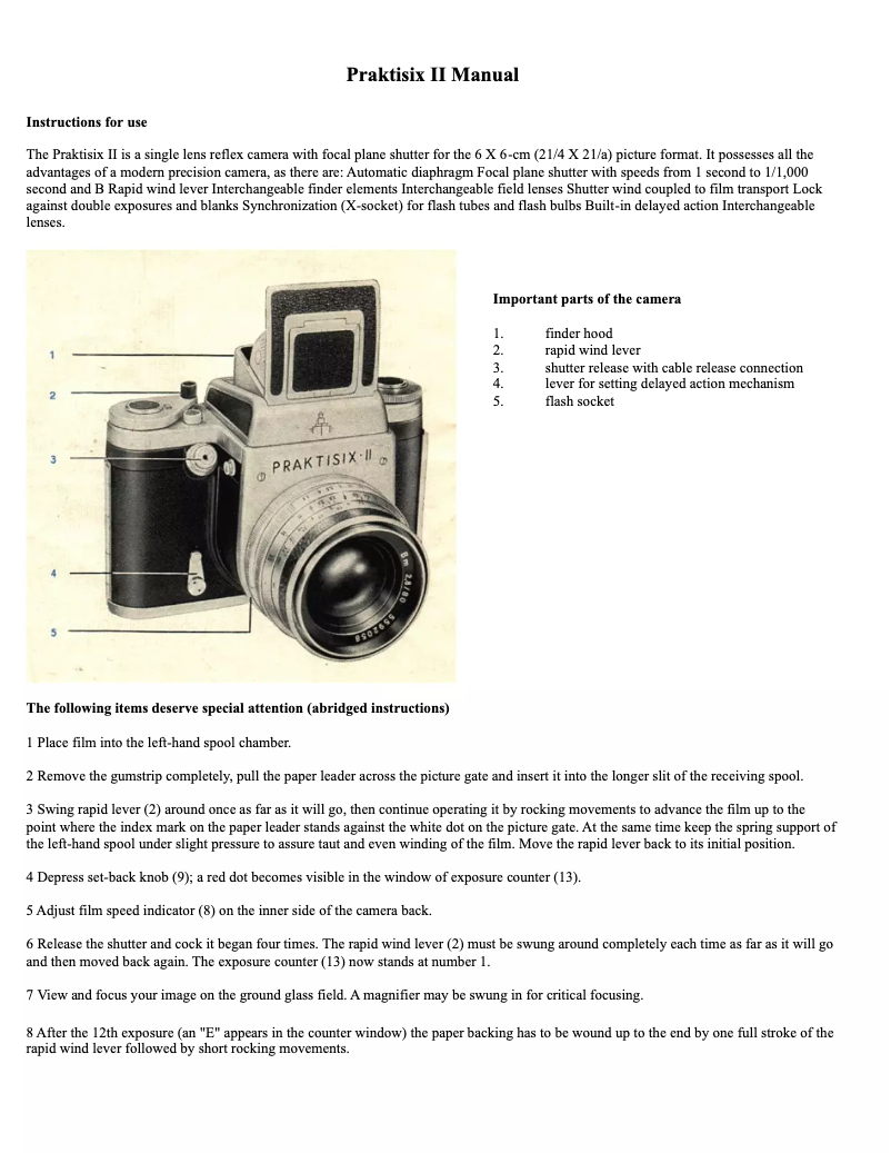 Page 1 de la notice Manuel utilisateur Pentacon Praktisix II