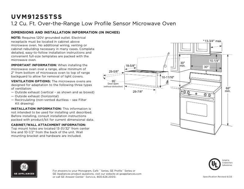 Page 1 de la notice Fiche technique GE UVM9125STSS