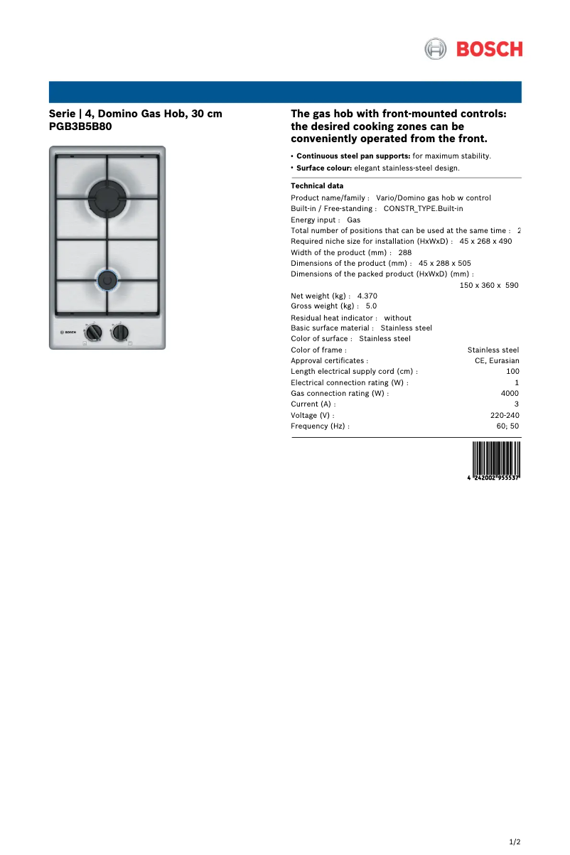 Page 1 de la notice Fiche technique Bosch PGB3B5B80