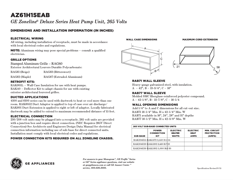 Page 1 de la notice Fiche technique GE AZ61H15EAB Zoneline