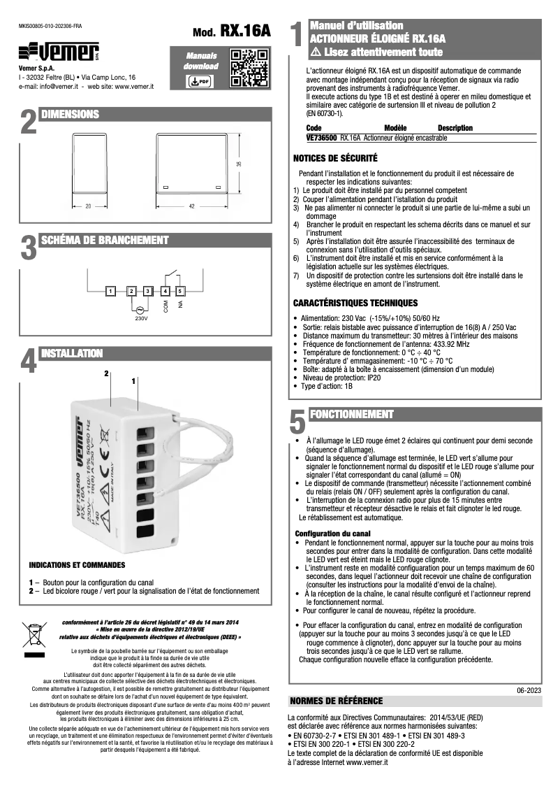 Page n°1 - Manuel utilisateur Vemer RX.16A