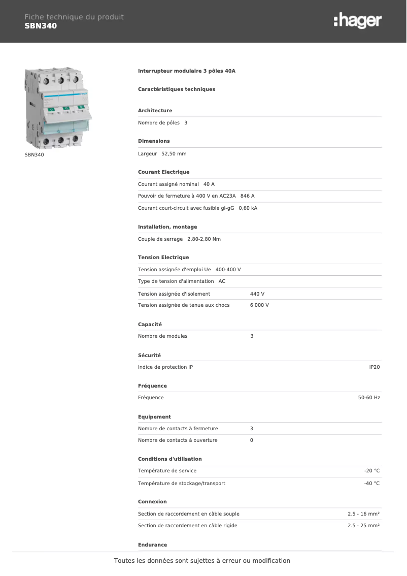 Page 1 de la notice Fiche technique Hager SBN340