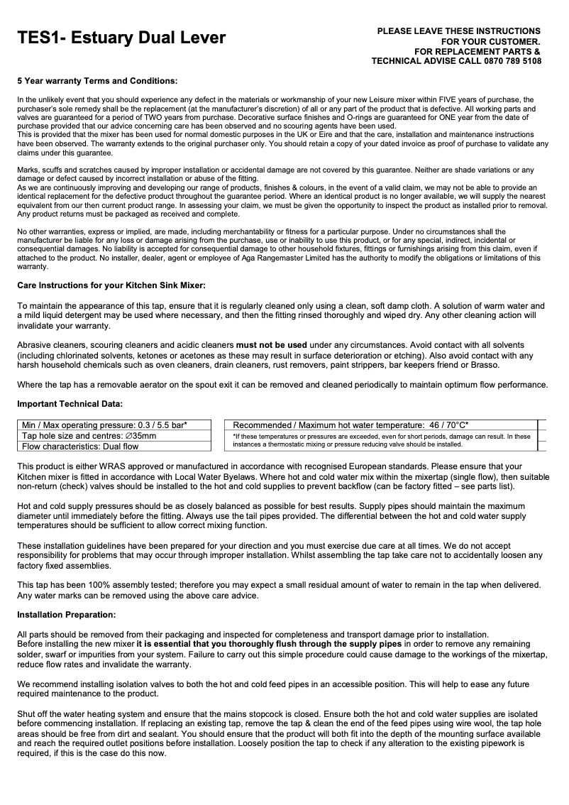 Page 1 de la notice Manuel utilisateur Rangemaster Estuary TES1BF