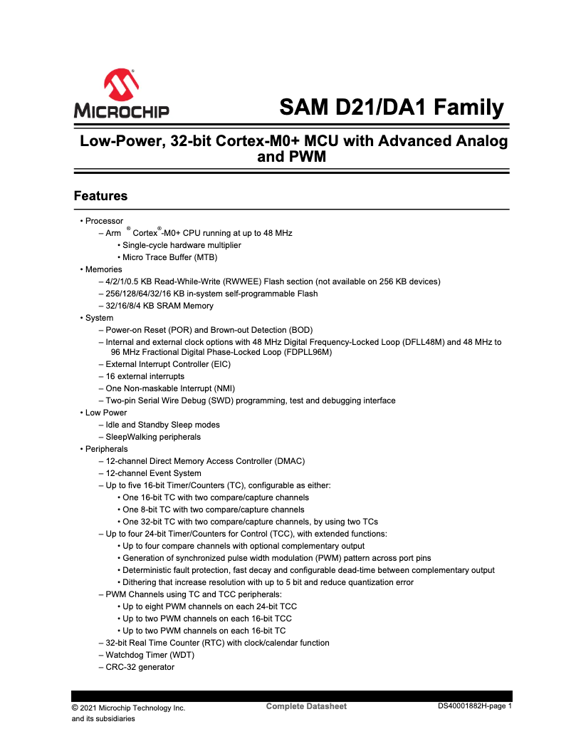 Page 1 de la notice Fiche technique Microchip ATSAMDA1E16B