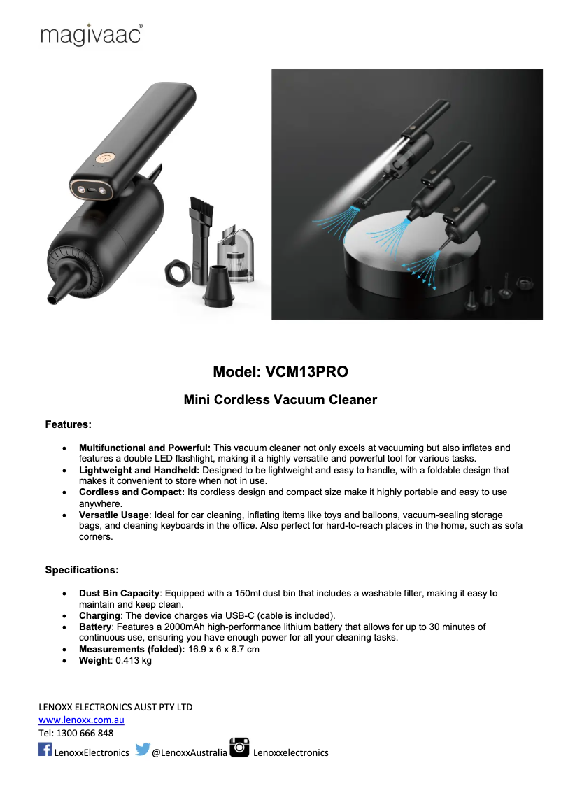Page 1 de la notice Fiche technique Magivaac VCM13PRO