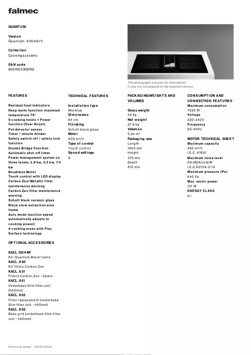 Page 1 de la notice Fiche technique Falmec Quantum