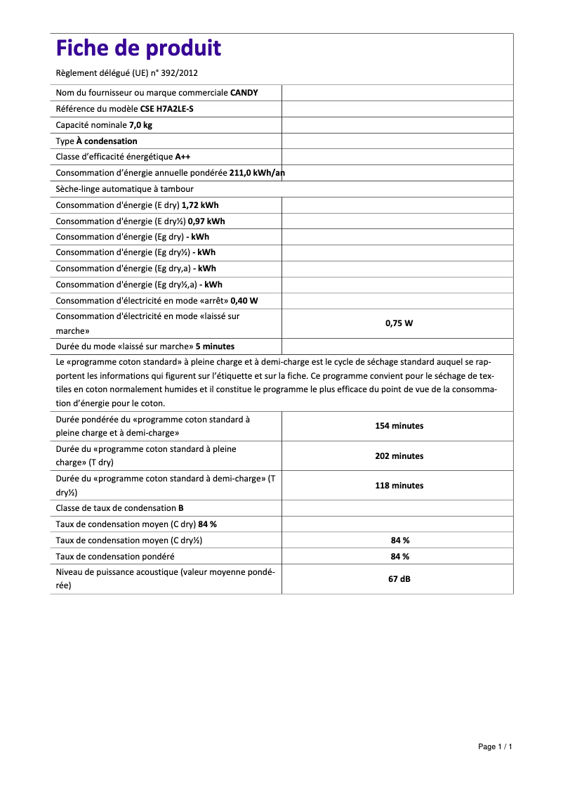 Page 1 de la notice Fiche technique Candy CSE H7A2LE-S