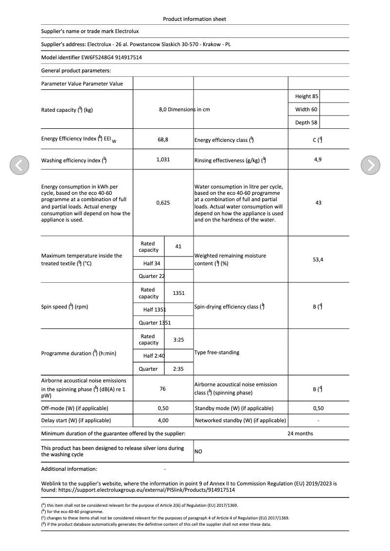Page 1 de la notice Fiche technique Electrolux EW6F5248G4