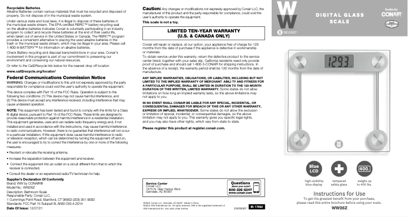 Page 1 de la notice Manuel utilisateur Conair WW26Z