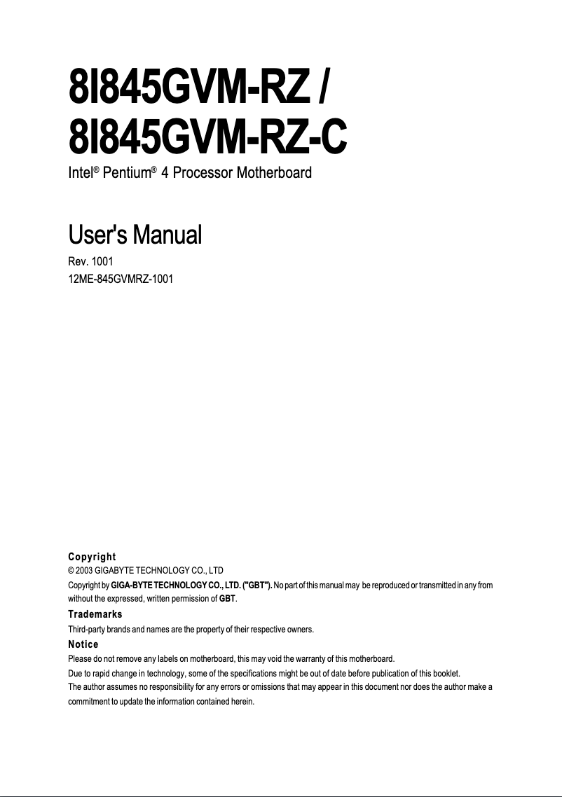 Page n°1 - Manuel utilisateur Gigabyte 8I845GVM-RZC